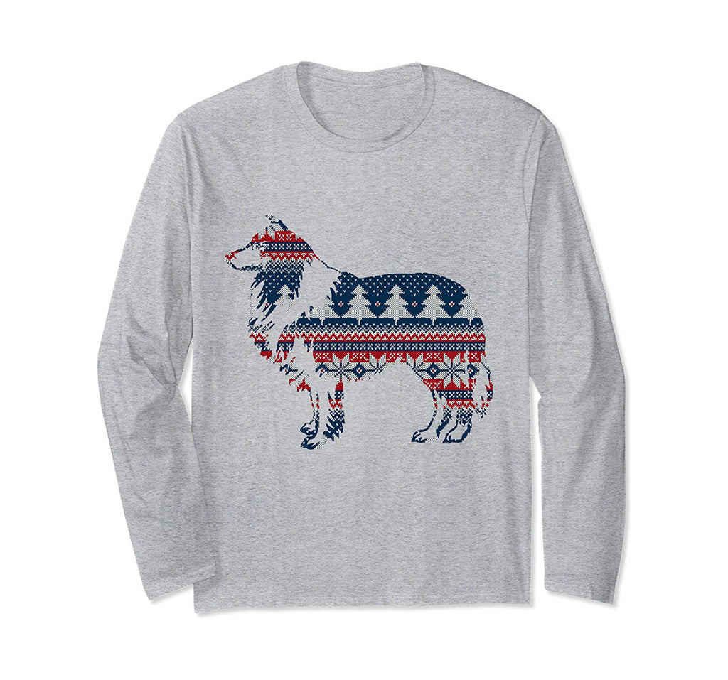 Funny Border Collie Christmas Light Outline Ugly Sweater Long Sleeve T-Shirt
