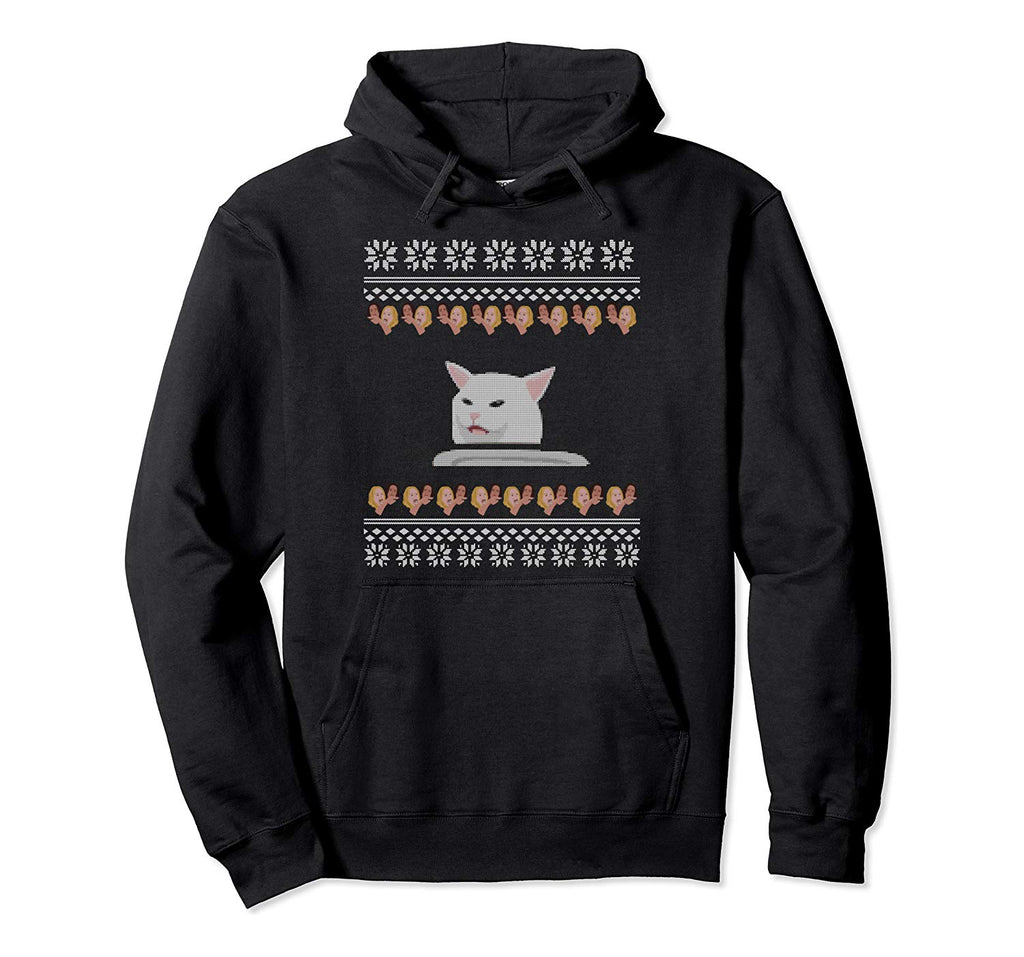 Cat Meme Woman Yelling At Table Dinner Ugly Christmas Pullover Hoodie