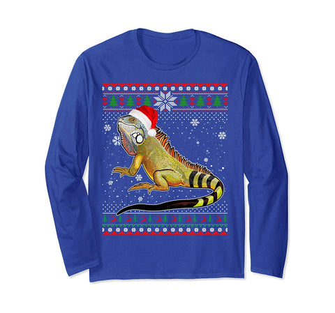 Merry Christmas Iguana Santa Hat In Snow Ugly Sweater Long Sleeve T-Shirt