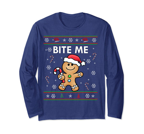 Cute BITE ME Gingerbread Ugly Sweater Christmas Long Sleeve