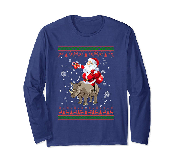 Funny Santa Riding Rhino Ugly Sweater Christmas Gift Long Sleeve T-Shirt