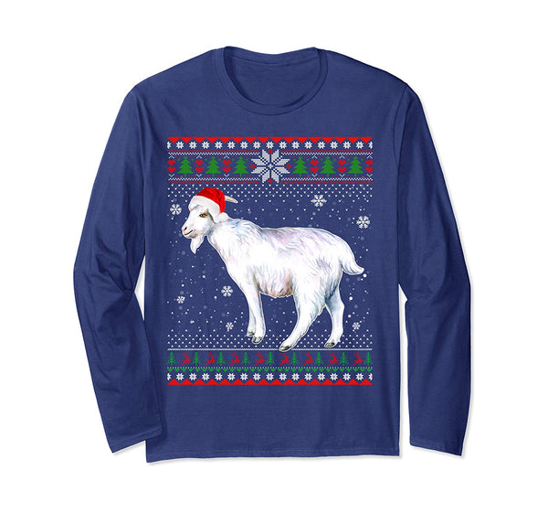 Merry Christmas Goat Farm Santa Hat In Snow Ugly Sweater Long Sleeve T-Shirt