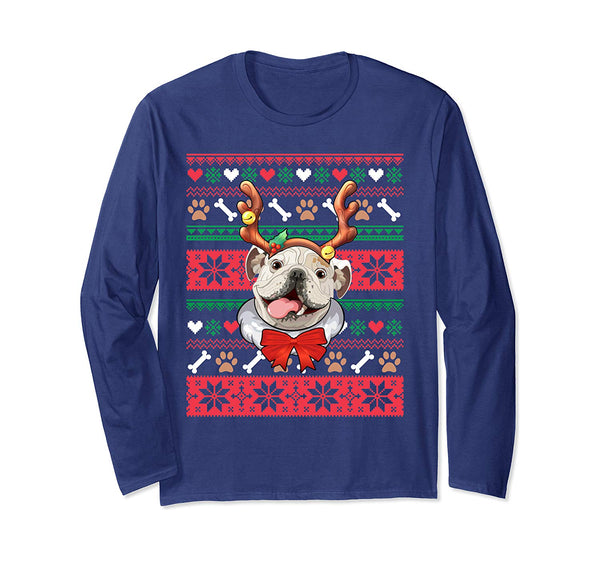 English Bulldog Reindeer Ugly Christmas Sweater Long Sleeve T-Shirt