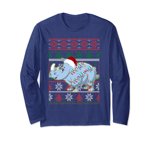 Funny Rhino Ugly Sweater Christmas Pajama Gift Long Sleeve T-Shirt