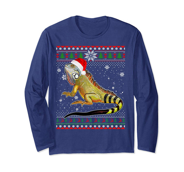 Merry Christmas Iguana Santa Hat In Snow Ugly Sweater Long Sleeve T-Shirt