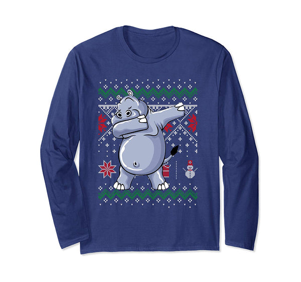 Funny Hippo Dabbing Ugly Sweater Christmas Gift Long Sleeve T-Shirt