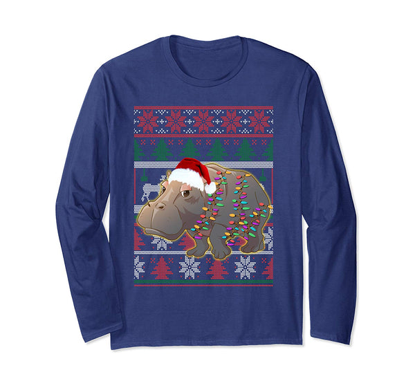 Funny Hippo Ugly Sweater Christmas Pajama Gift Long Sleeve T-Shirt