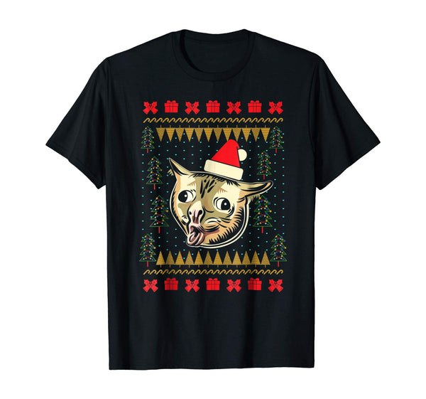 Ugly Christmas Sweater Coughing Cat Meme Tee Shirt