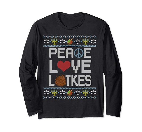 Funny Hanukkah Ugly Sweater shirt Peace Love Latkes Jewish Long Sleeve T-Shirt