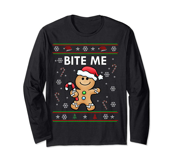 Cute BITE ME Gingerbread Ugly Sweater Christmas Long Sleeve
