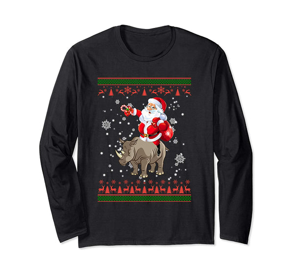 Funny Santa Riding Rhino Ugly Sweater Christmas Gift Long Sleeve T-Shirt