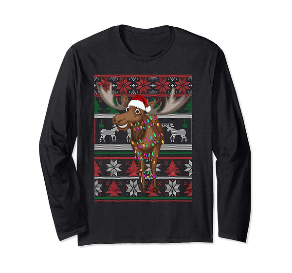 Funny Moose Ugly Sweater Christmas Pajama Gift Long Sleeve T-Shirt