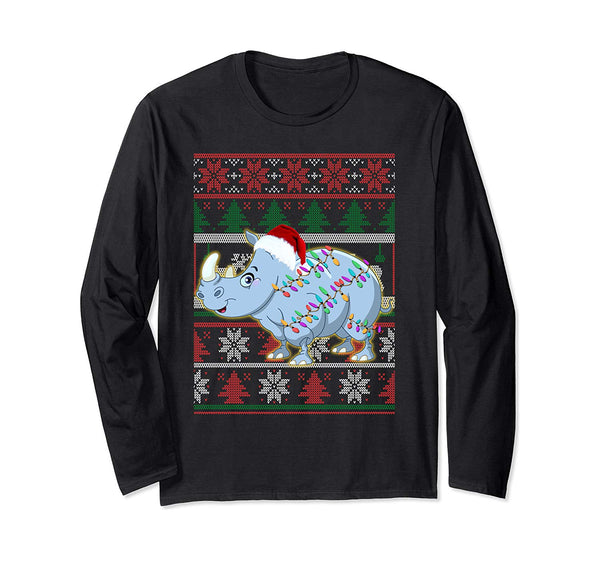 Funny Rhino Ugly Sweater Christmas Pajama Gift Long Sleeve T-Shirt
