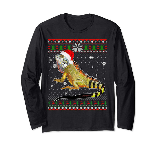 Merry Christmas Iguana Santa Hat In Snow Ugly Sweater Long Sleeve T-Shirt