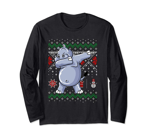 Funny Hippo Dabbing Ugly Sweater Christmas Gift Long Sleeve T-Shirt