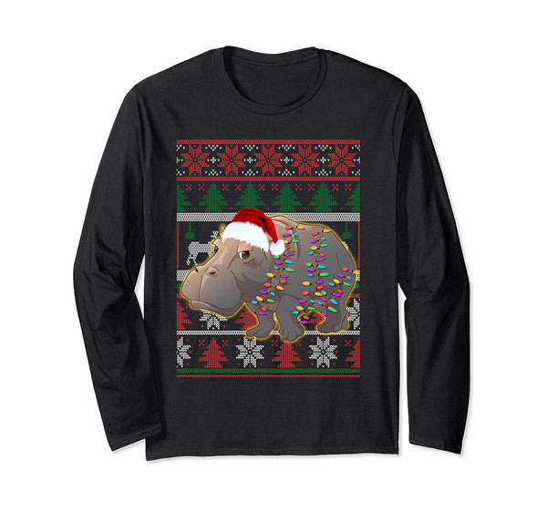 Funny Hippo Ugly Sweater Christmas Pajama Gift Long Sleeve T-Shirt