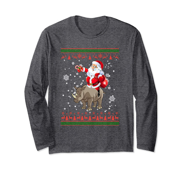 Funny Santa Riding Rhino Ugly Sweater Christmas Gift Long Sleeve T-Shirt