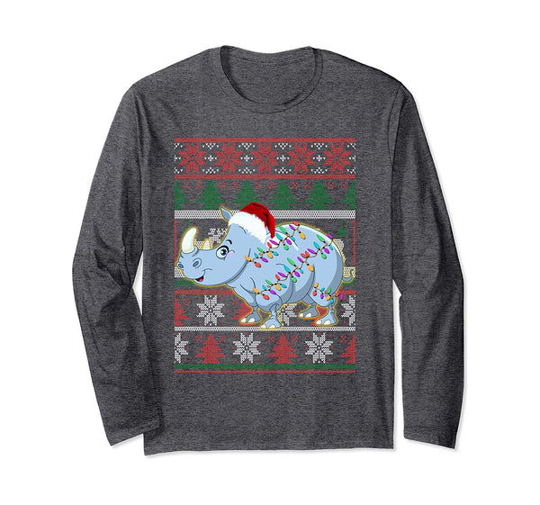 Funny Rhino Ugly Sweater Christmas Pajama Gift Long Sleeve T-Shirt