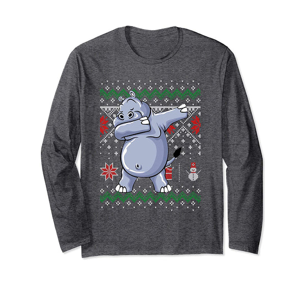Funny Hippo Dabbing Ugly Sweater Christmas Gift Long Sleeve T-Shirt