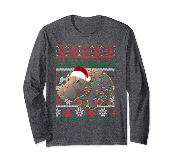 Funny Hippo Ugly Sweater Christmas Pajama Gift Long Sleeve T-Shirt