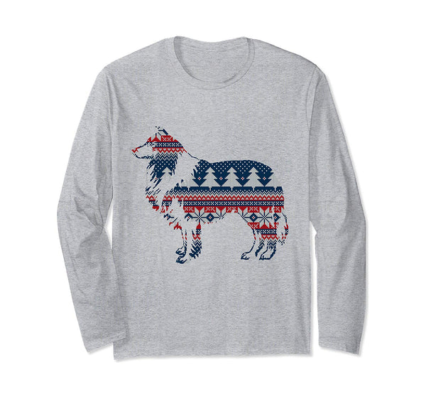 Funny Border Collie Christmas Light Outline Ugly Sweater Long Sleeve T-Shirt