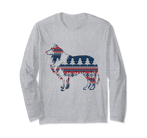 Funny Border Collie Christmas Light Outline Ugly Sweater Long Sleeve T-Shirt