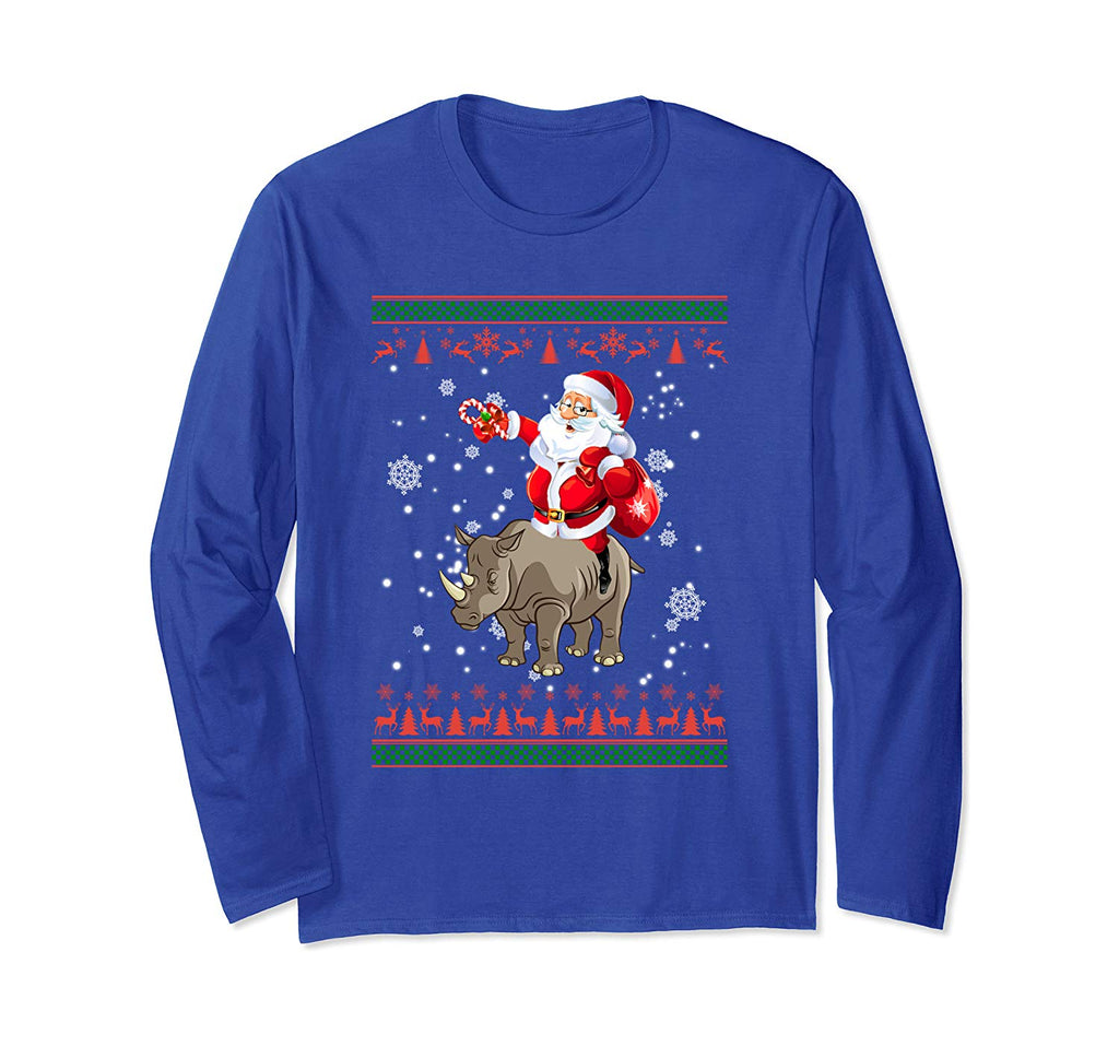 Funny Santa Riding Rhino Ugly Sweater Christmas Gift Long Sleeve T-Shirt