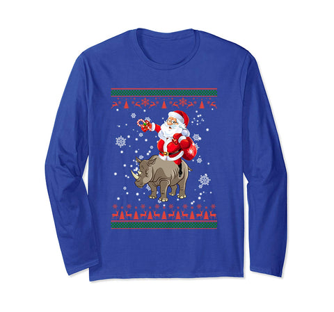 Funny Santa Riding Rhino Ugly Sweater Christmas Gift Long Sleeve T-Shirt