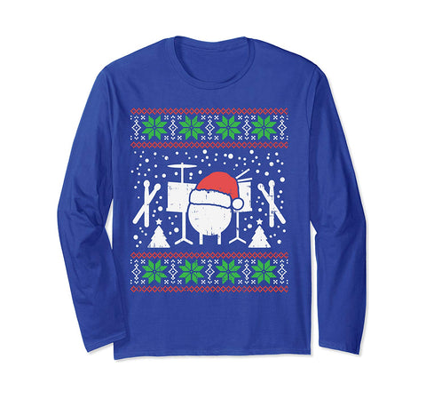 Drums Ugly Christmas Sweater Music Band Xmas Drummer Gift Long Sleeve T-Shirt