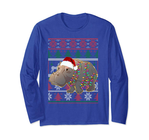 Funny Hippo Ugly Sweater Christmas Pajama Gift Long Sleeve T-Shirt